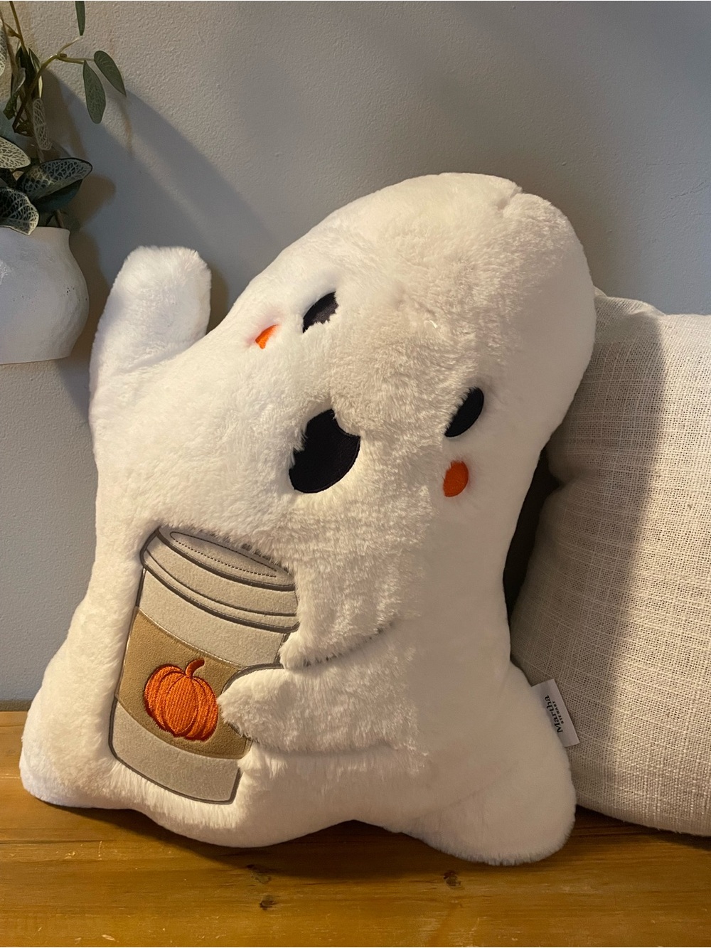 Martha Stewart White Ghost Pillow with Pumpkin spice latte- fall home decor